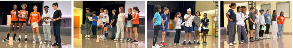 Groups of children with microphones presenting at an Assembly
